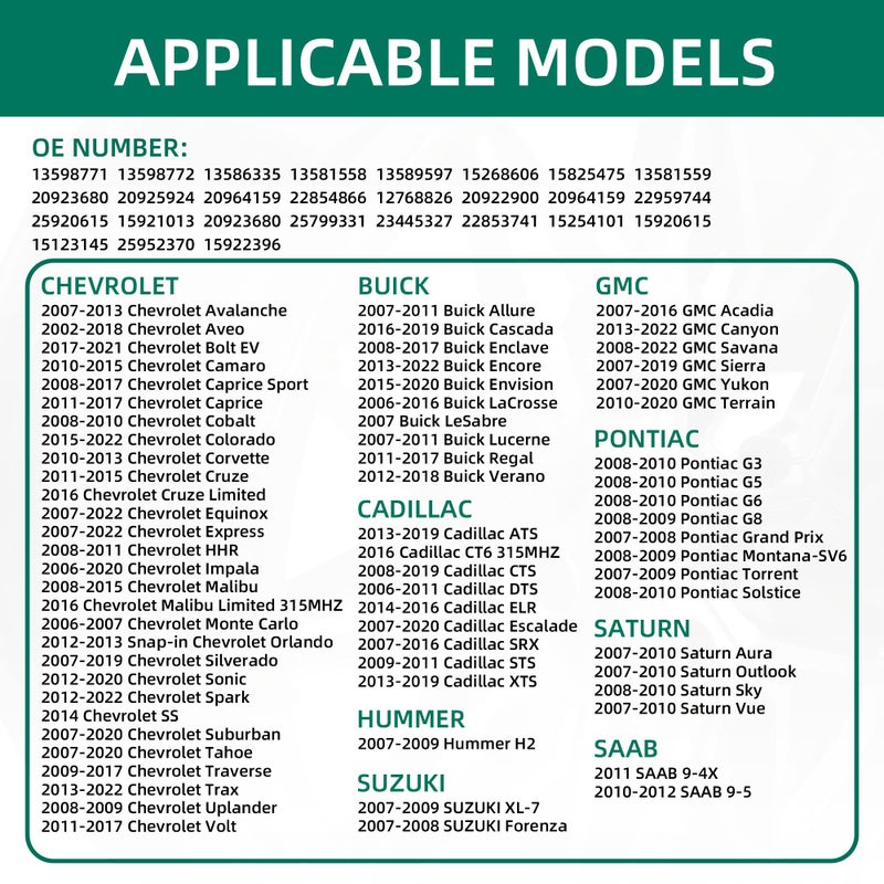 CDWTPS TPMS Sensor GM 4-Pack, 315MHZ Tire Pressure Monitor System for Chevy Silverado GMC Buick Cadillac Hummer Pontiac GM SAAB Saturn Replace#13598771,13598772,13586335,13581558,20923680 - Image 2